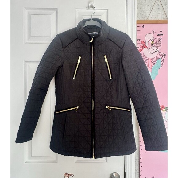 Ellen Tracy Quilted Jacket Black Zipped Medium Winter Spring Fall - Picture 2 of 11